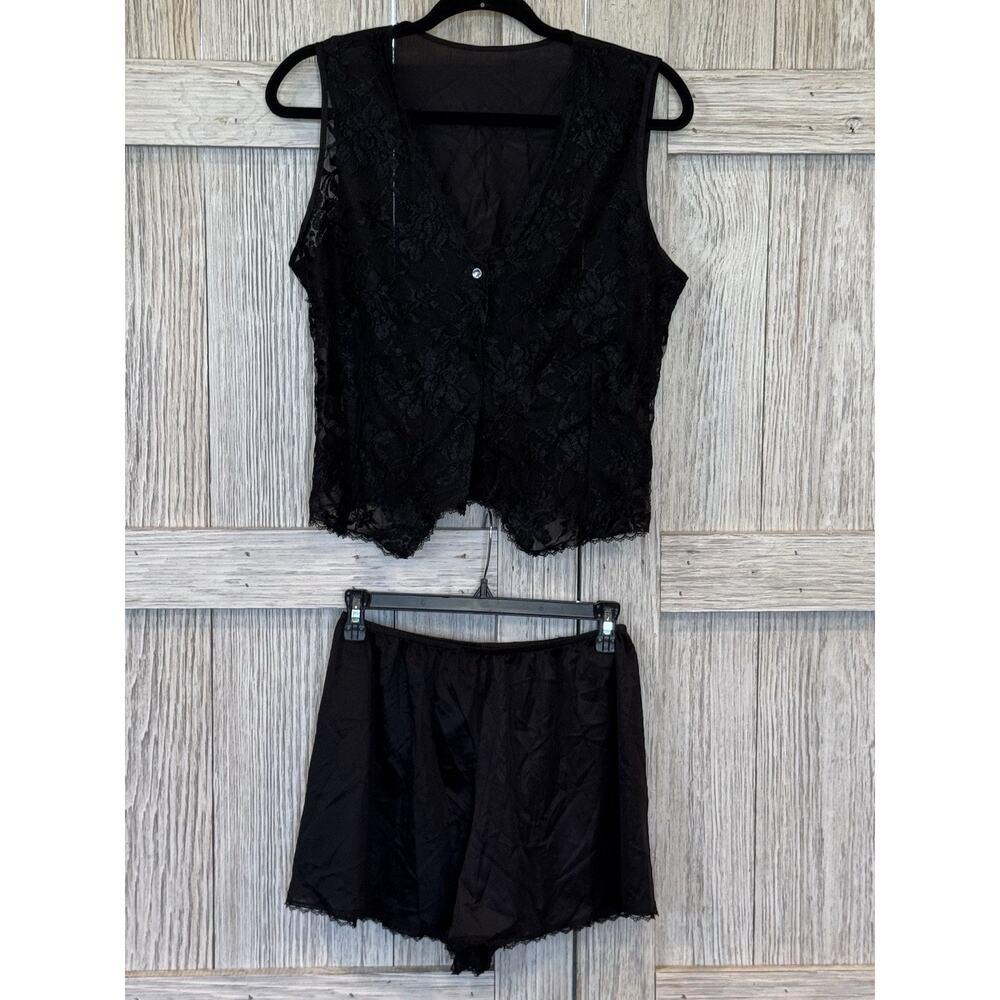 Colesce Collection Vtg Lingerie Lace Vest & Shorts Large Black Sheer Floral